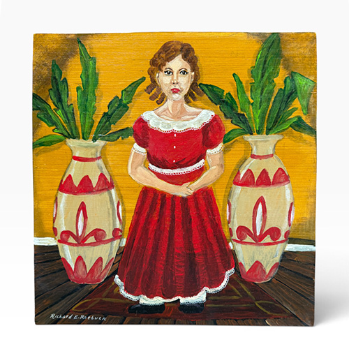 Richard E Roebuck 13x13 Girl in a Red Dress on Wood WP6517